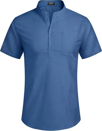 Vista 2 de COOFANDY - Camisetas henley de algodón y lino para hombre, manga larga, con bolsillo, de estilo hippie, informal, para la playa