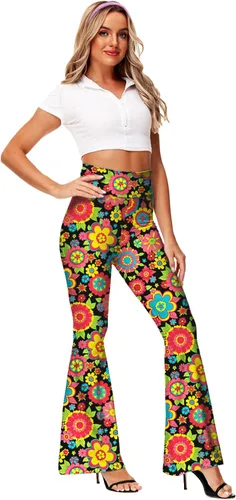 Vista 6 de Deerose Pantalones de Cintura Alta Elásticos Ajustados Acampanados Estilo Hippie para Mujer