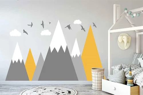 Vista 3 de Vinilo adhesivo de pared de montaña, para habitación de bebé, guardería, tema de aventura, pájaros nubes, BA972 (color 1 amarillo, 71 x 43 pulgadas)