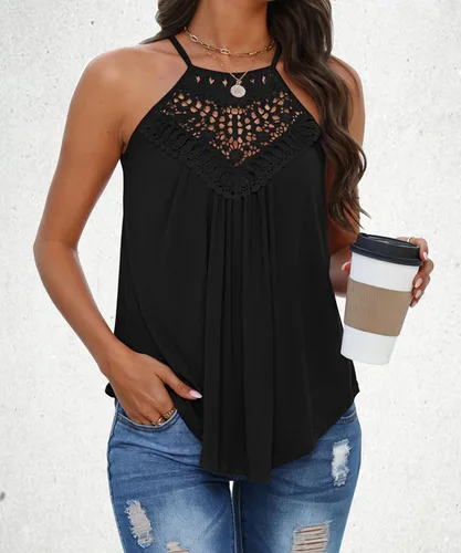Vista 2 de Bluetime Halter Tops Women Sleeveless Crochet Flowy Cute Summer Tank Tops Negro