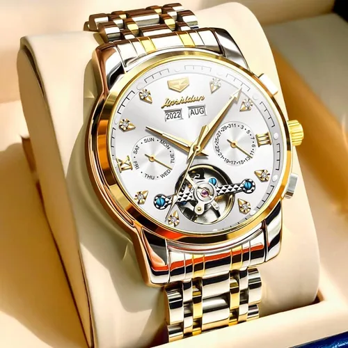 Vista 8 de JSDUN Relojes para hombre automático de cuerda automática, reloj de pulsera mecánico, multicalendario, acero inoxidable, mes, fecha, semana
