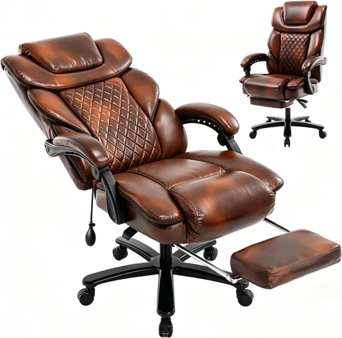 Vista 10 de Silla de escritorio reclinable de piel de 400 libras con reposapiés A marrón.