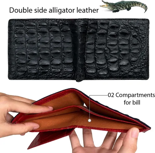 Vista 2 de HATA Cartera plegable de cocodrilo para hombre hecha a mano para vientre o bocina con bloqueo RFID por vietnamita Bifold-Negro-Rojo-Doble cara