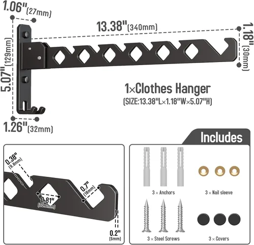 Vista 7 de Tendedero de Pared para Secar Ropa, Colgador de Ropa de Pared Plegable, Gancho Colgador de Lavandería para Baño, Perchero de Pared Interior Negro