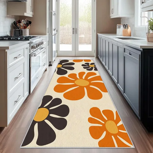 Vista 10 de Alfombra de pasillo de 2 x 4 pulgadas, tamaño pequeño, diseño floral retro de los años 70, antideslizante, lavable, alfombra de decoración del hogar