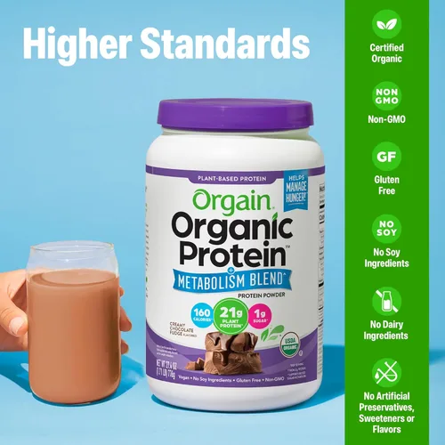 Vista 5 de Orgain - Proteína orgánica + mezcla de metabolismo en polvo, chocolate con sabor a malta - 21 g de proteína vegetal, 5 g de fibra prebiótica, sin
