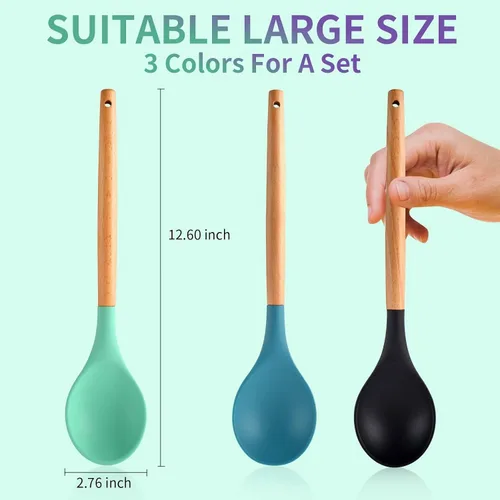 Vista 2 de 3 cucharas grandes de silicona para mezclar con mango de madera, antiadherentes, resistentes al calor, herramientas de mezcla de cocina
