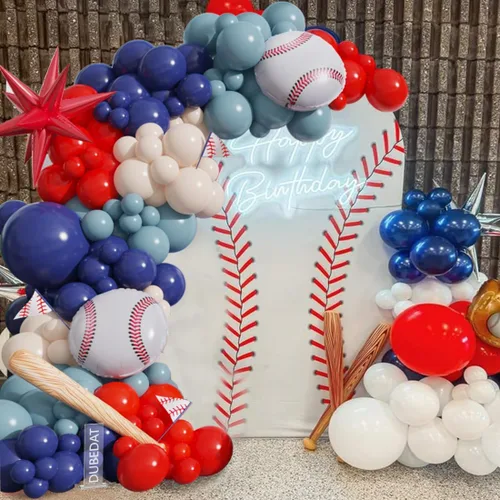 Vista 4 de Kit de arco de guirnalda de globos de béisbol, 141 unidades, rojo, blanco, azul profundo, azul crepúsculo con globos de estrella de bate de béisbol