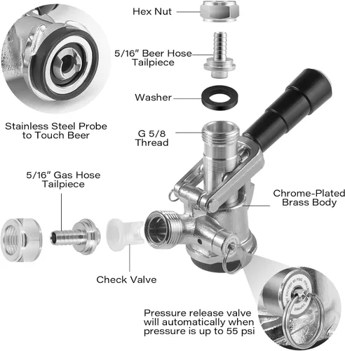 Vista 2 de TMCRAFT Acoplador de barril, sonda de acero inoxidable, cuerpo de latón, sistema en D, acoplador de grifo Sankey para I.D 5/16 pulgadas, línea