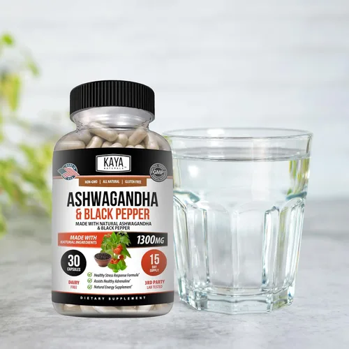 Vista 6 de Kaya Naturals Raíz de Ashwagandha con pimienta negra Suplemento adaptógeno de máxima fuerza de 1300 mg, ayuda a la salud suprarrenal, glandular