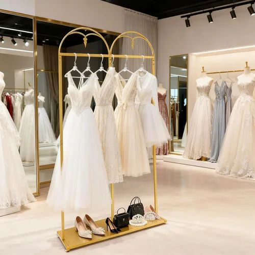 Vista 11 de Estante de ropa de 71 pulgadas con estantes, estante para vestidos de boda, estante de exhibición de ropa al por menor, resistente comercial
