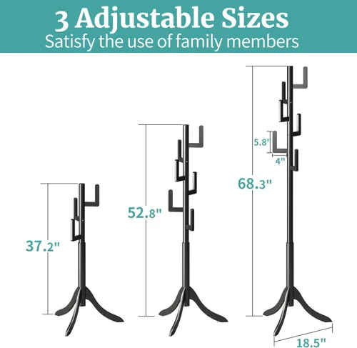 Vista 5 de Perchero negro independiente, árbol de bambú de cactus, soporte de madera de altura ajustable con 6 ganchos, perchero para niños, utilizado