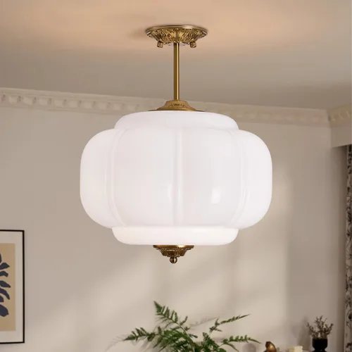 Vista 9 de Lámpara de techo de cristal de leche verde, lámpara colgante de calabaza vintage de 15 pulgadas con accesorio de latón antiguo, lámpara colgante