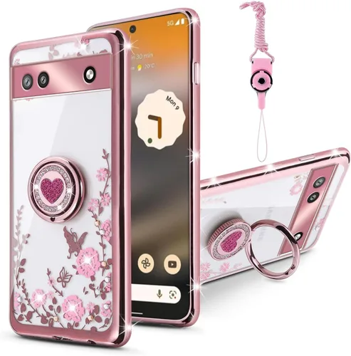Vista 24 de Funda compatible con Google Pixel 6 Pro para mujer, con purpurina, suave, elegante, transparente, TPU de lujo, bonita funda protectora con correa