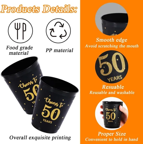 Vista 3 de 24 vasos de plástico reutilizables para cumpleaños de 50 años, regalos para fiestas de cumpleaños de 50 años, regalos de fiesta negros y dorados, 12