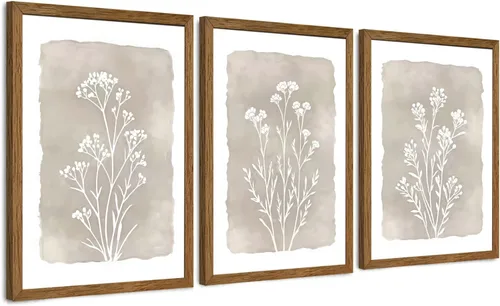 Vista 13 de JLTULT 3 piezas de arte de pared con flores en lienzo con marco, arte de pared de flores en tonos neutros y beige, arte de pared de flores