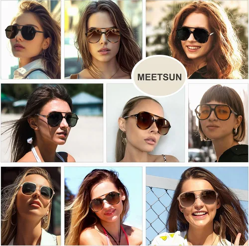 Vista 2 de MEETSUN Lentes de sol estilo aviador retro de gran tamaño para mujeres y hombres, cuadrados, de los años 70, estilo vintage