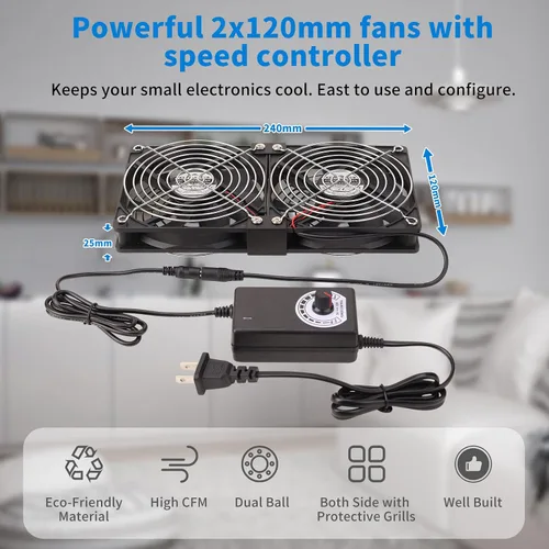 Vista 3 de Ventiladores de computadora dobles de 4.724 in de alto CFM con enchufe de CA, ventilador de velocidad variable de 110 V - 240 V, refrigeración