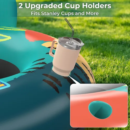 Vista 5 de Flotador de tubo de río resistente de 53 pulgadas para adultos, flotador inflable para piscina, lago y playa con portavasos incorporados, respaldo