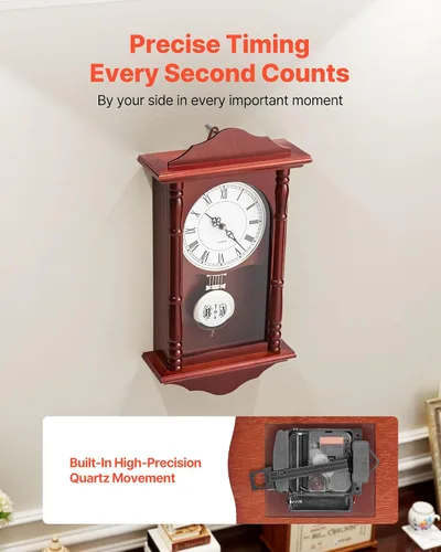 Vista 4 de VEVOR Reloj de pared vintage de abuelo, reloj de pared de madera de pino de 18 pulgadas con péndulo, relojes de pared de MDF con movimiento