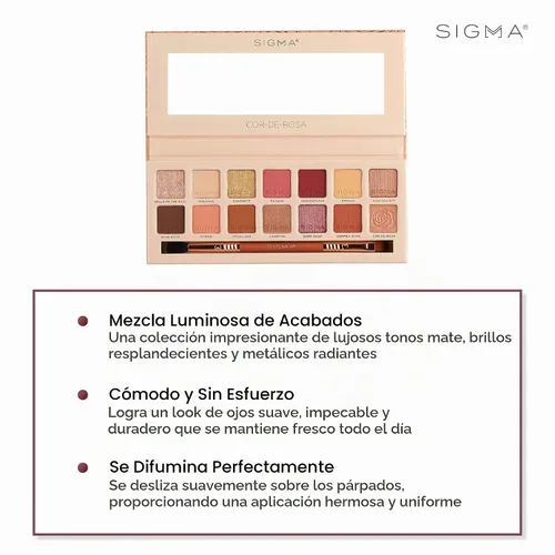 Vista 2 de SIGMA BEAUTY Cor-De-Rosa Paleta de sombra de ojos, 14 tonos con pincel de Con fórmulas construibles y mezclables en acabados mate cálido, brillante