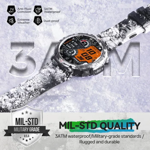 Vista 2 de Reloj inteligente militar para hombre, reloj GPS con linterna, brújula 3ATM, impermeable, resistente, táctico, inteligente, Bluetooth, 1.45