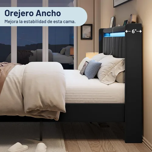 Vista 6 de Allewie Base de cama LED tamaño King con estación de carga, cama de plataforma tapizada en terciopelo con cabecera geométrica tipo wingback, marco