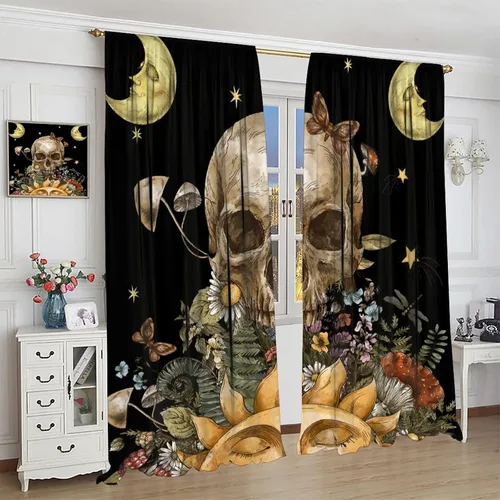 Vista 53 de Cortinas góticas de bosque de cuervos, para Halloween, espeluznante, negro, cuervo negro, alas oscuras, suspenso, bolsillo para barra, cortinas