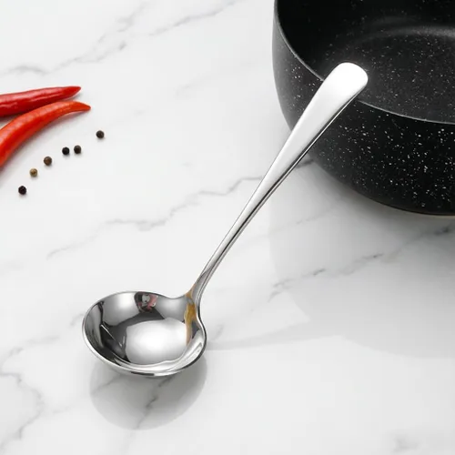 Vista 7 de Cucharones de sopa pequeños, cucharones de cuchara de sopa para salsa, 2 unidades SUS 304 de acero inoxidable no magnético de 7.6 pulgadas redondas