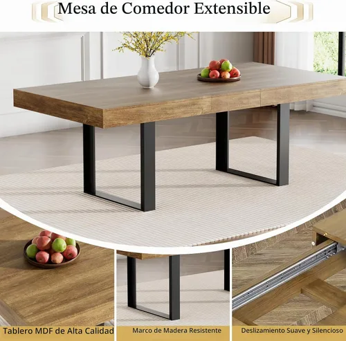Vista 4 de Juego de mesa de comedor extensible de 5 piezas para 4, mesa de cocina de madera marrón de 63-78.7 pulgadas con 4 sillas acolchadas beige, juego