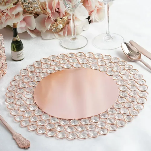 Vista 5 de Tableclothsfactory Plato Cargador de Metal Dorado de 14 Pulgadas con Diseño de Alambre y 118 Cuentas de Cristal Acrílico para Bodas y Eventos