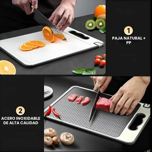 Vista 6 de Tabla de cortar de acero inoxidable de doble cara, tabla de cortar de grado alimenticio 304 con malla resistente a los arañazos, ranura para jugos