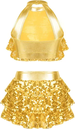 Vista 2 de Traje de baile de 2 piezas de lentejuelas brillantes para niñas y niñas, para baile de jazz latino