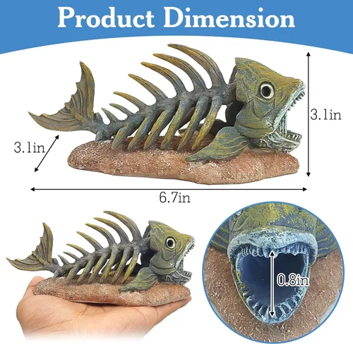 Vista 2 de kathson Decoraciones de pecera de resina, esqueleto de piraña, decoración de acuario, accesorios de tanque de reptiles, adorno de hueso de pescado
