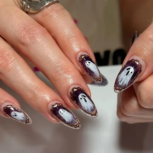 Vista 23 de Paquete de 6 144 uñas acrílicas de Halloween a presión, uñas postizas reutilizables de cobertura completa, uñas postizas adhesivas con pegamento