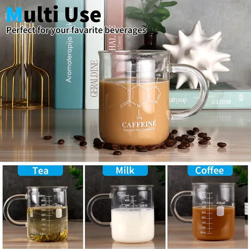 Vista 5 de Taza de vaso de cafeína, taza de café de química de 16 onzas, vaso de borosilicato, vaso graduado medidor, 15.2 fl oz