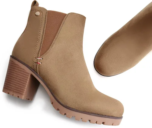 Vista 6 de JABASIC - Botines casuales de ante para mujer con tacón de bloque, botas de meter tipo Chelsea