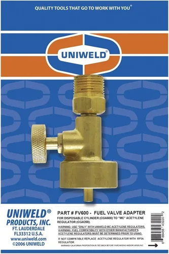 Vista 2 de Uniweld Adaptador de Oxy/Combustible FV600 para conectar un regulador MC (CGA200) a un cilindro de combustible desechable (CGA600)