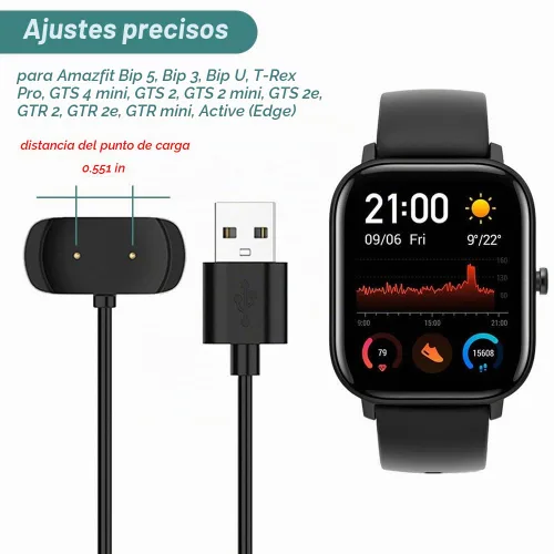 Vista 2 de Kissmart Cargador para Amazfit T-Rex Pro, Bip 5, Bip 3, Bip U Pro, GTS 4 Mini, GTS 2, GTS 2e, GTS 2, GTR 2, GTR 2e, GTR mini, cable de carga