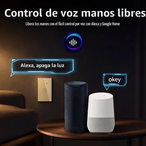 Vista 2 de Interruptor de pared inteligente WiFi, cableado neutro y sin neutro, dorado