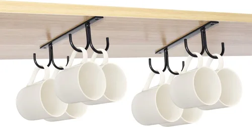 Vista 2 de MOCOUM Estante organizador rústico para tazas debajo del gabinete, soporte para tazas debajo del estante, ganchos colgantes para tazas, tazas