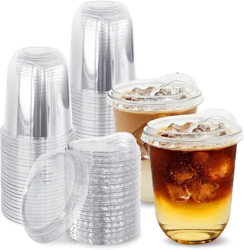 Vista 8 de Paquete de 60 vasos de plástico transparente con tapas para sorber sin pajilla, vasos desechables de PET cristal de 12 onzas para café helado