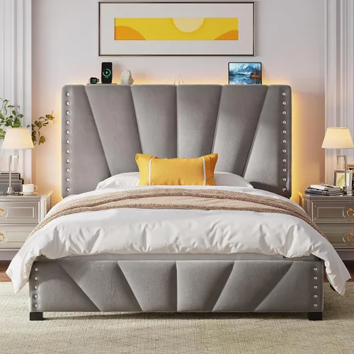 Vista 14 de EnHomee Base de cama individual con luces LED y USB, sin ruido, color beige
