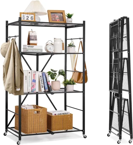 Vista 15 de VEVOR Estantería plegable de 4 niveles, estante de almacenamiento de metal plegable de 26 pulgadas de ancho x 13 pulgadas de profundidad x 46 Negro