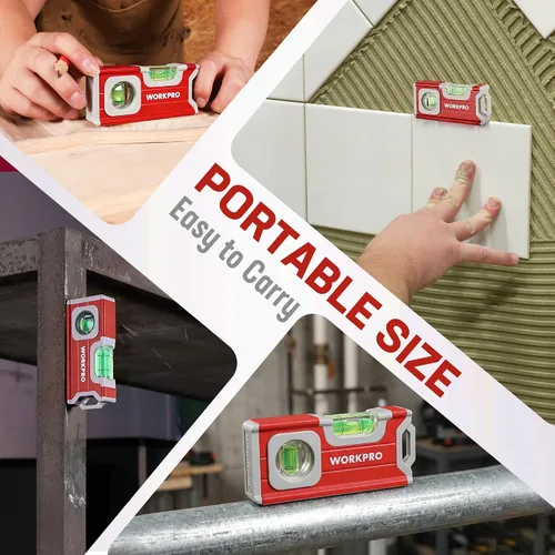 Vista 5 de WORKPRO Nivel pequeño, mini herramienta de nivel de 4-1/2 pulgadas, nivel de bolsillo magnético con 2 burbujas diferentes 90°/180°, construcción