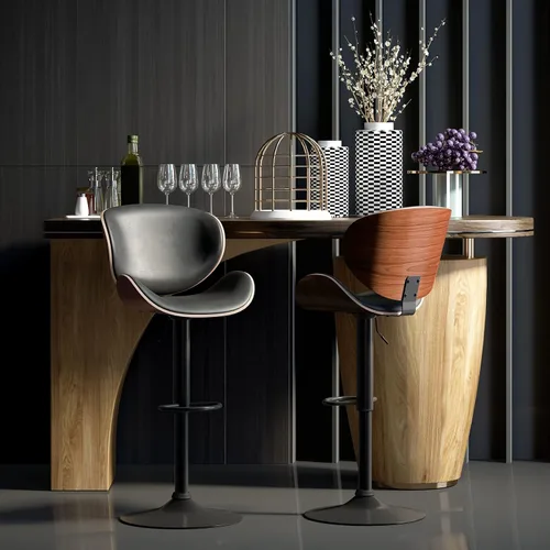 Vista 3 de NAFORT Juego de 2 taburetes de bar ajustables en altura de mostrador con asiento y respaldo de madera curvada, modernos taburetes de bar de piel
