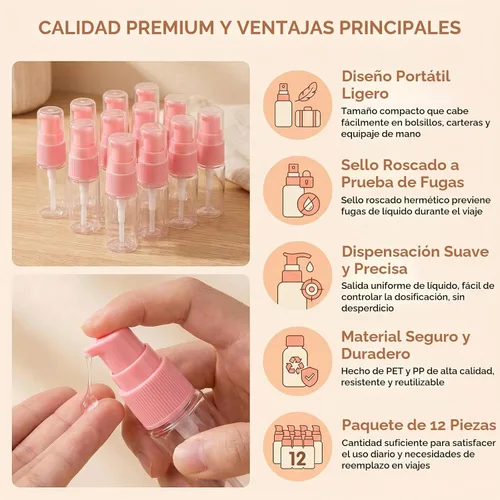 Vista 6 de Botella de bomba de loción de plástico transparente recargable portátil de 0.3 fl oz 0.34 oz con cabezal de bomba de prensa rosa, maquillaje