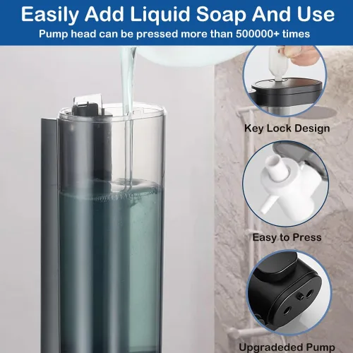Vista 4 de Dispensador de jabón de mano montado en la pared, 1 cámara, dispensador único de champú y acondicionador de 10oz/300ml en negro, contenedor