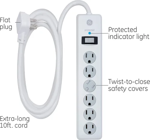 Vista 3 de GE Protector SurGE de 6 tomas, cable de extensión de 10 pies, tira de alimentación, 800 julios, enchufe plano y luz nocturna LED, enchufe, sensor