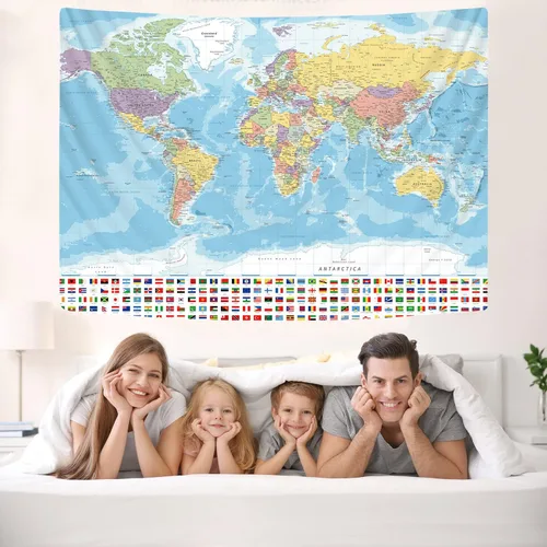 Vista 2 de KYKU Tapiz pequeño de mapa del mundo, tapiz con mapa del mundo, banderas, decoración de viaje, aula, decoración de la tierra, fiesta